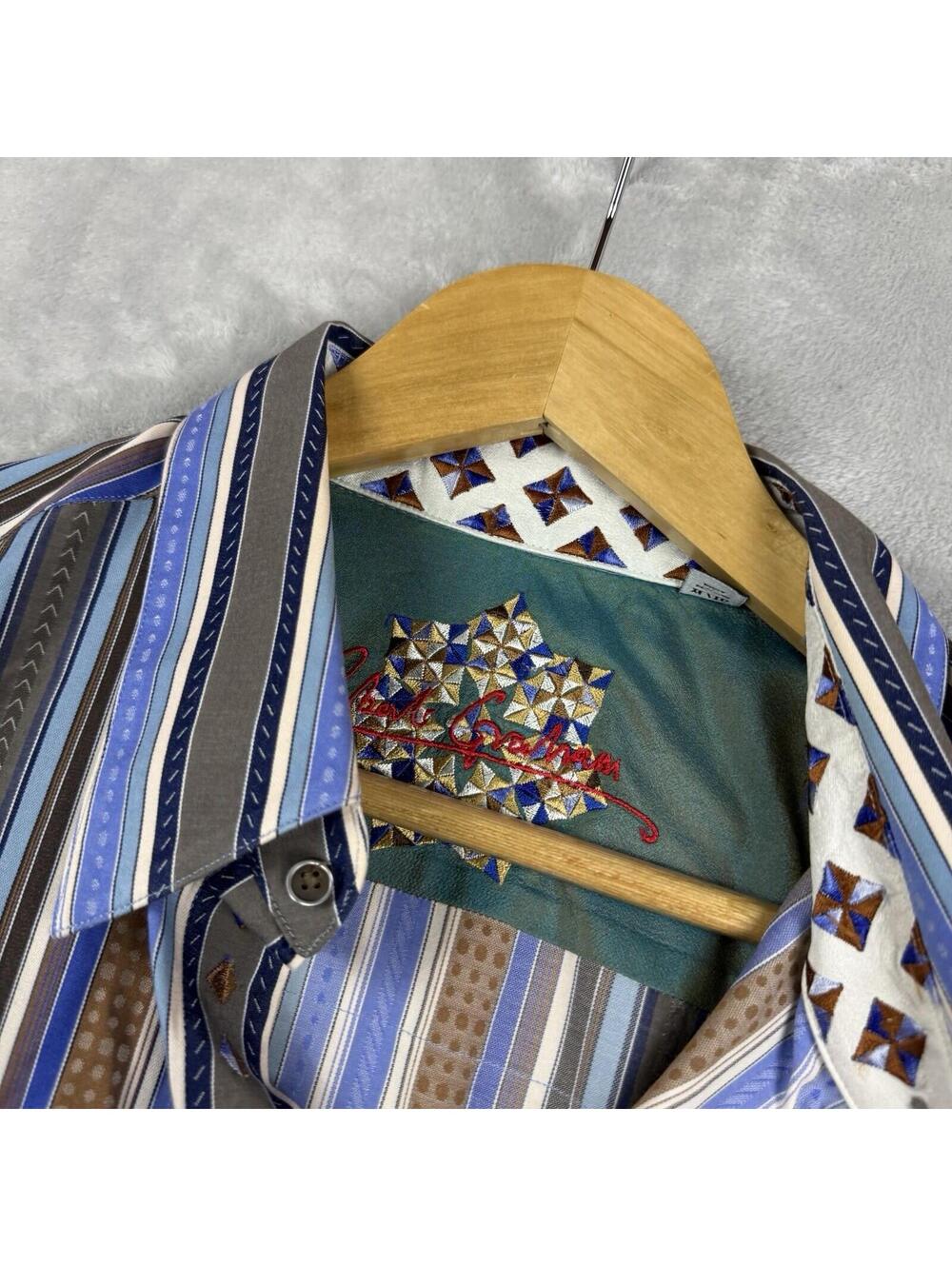 Robert Graham Striped Button Up Shirt Blue Brown Embroidered MenXL Preppy Luxury - Picture 4 of 12